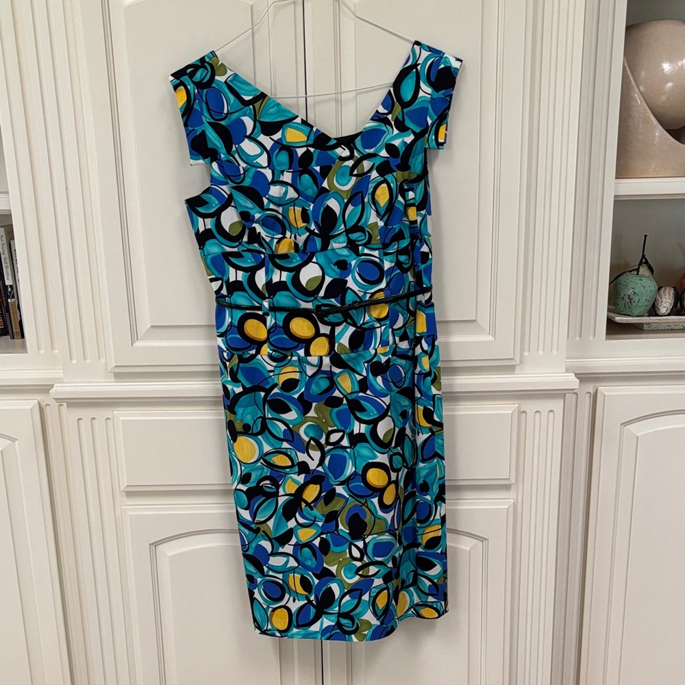 Adrianna Papell Blue and Yellow Abstract Midi Dress